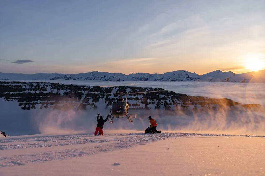 helicopter landing arctic sunset adventure