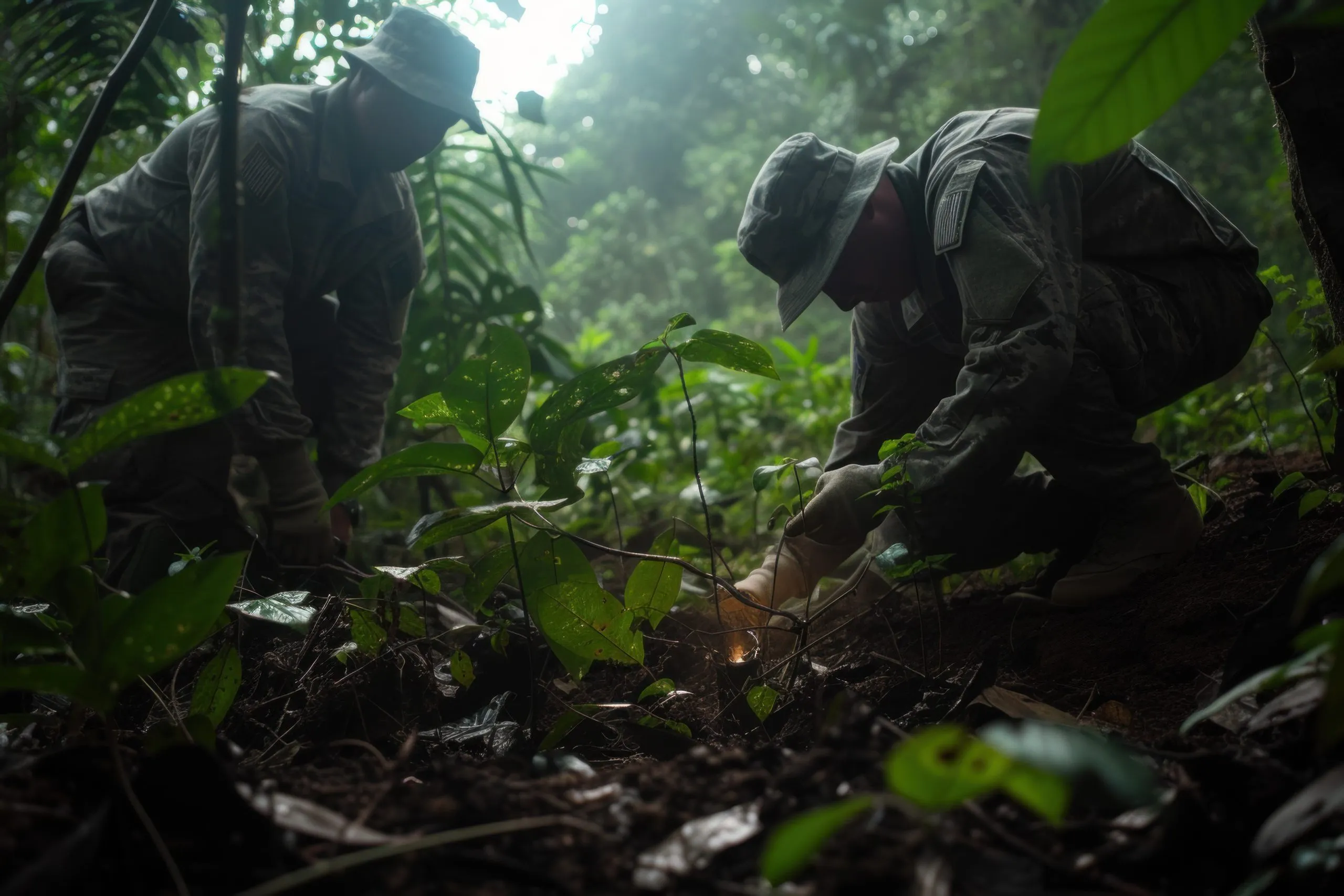 Soldiers Conducting a Ground Search Operation in a Dense Jungle Environment